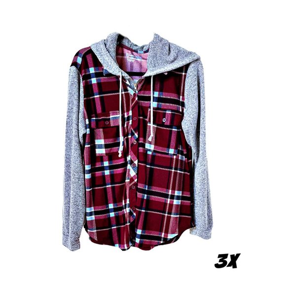No Boundaries Tops - Gray and Wine Plaid Super Soft Hoodie Full Zip 3X